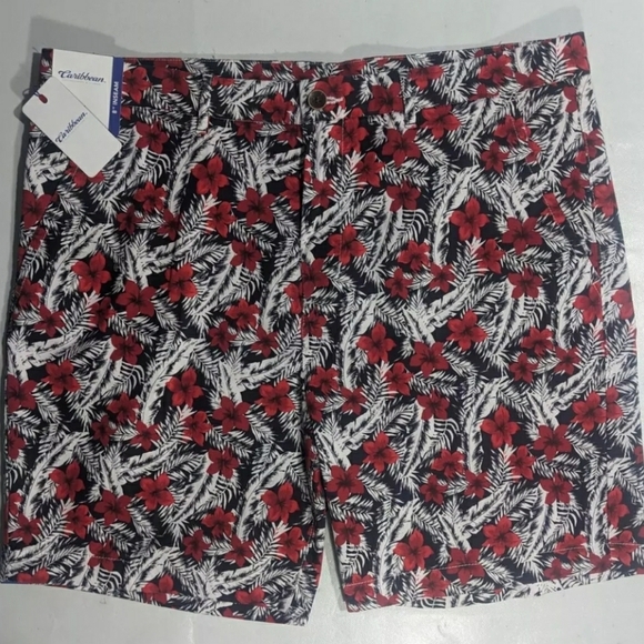 Island Tropical 42 Red Floral Hawaiian Cotton Vacation Cruise Shorts - Picture 1 of 7